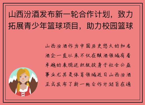 山西汾酒发布新一轮合作计划，致力拓展青少年篮球项目，助力校园篮球发展