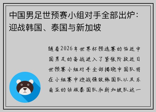 中国男足世预赛小组对手全部出炉：迎战韩国、泰国与新加坡