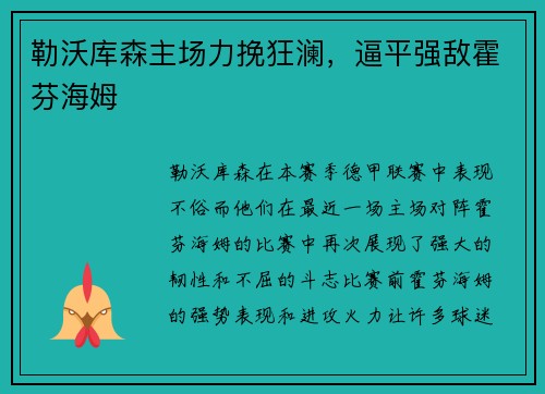 勒沃库森主场力挽狂澜，逼平强敌霍芬海姆