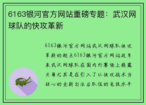 6163银河官方网站重磅专题：武汉网球队的快攻革新